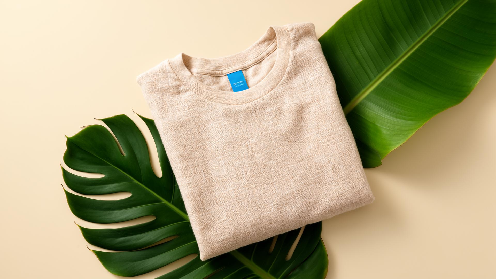 Folded banana fiber t-shirt resting on tropical leaves